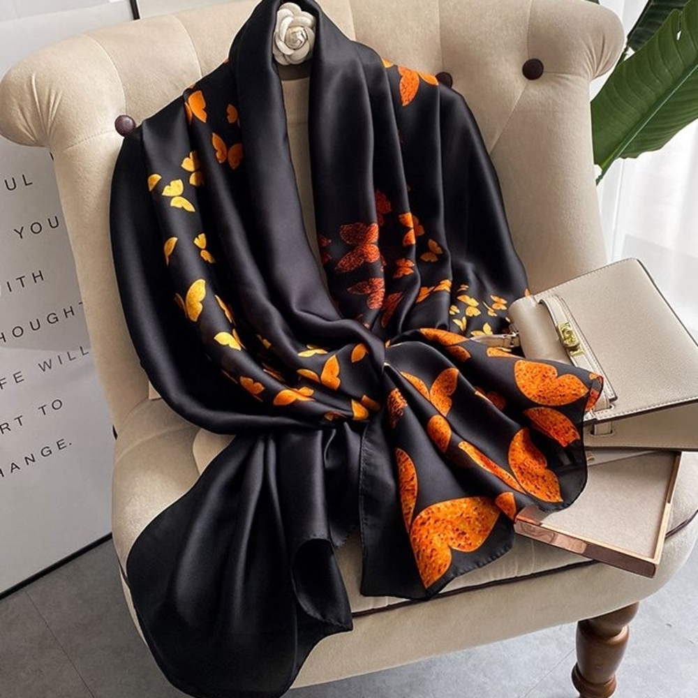 Miss Kaylee Elegant Black and Orange Long Silky Scarf